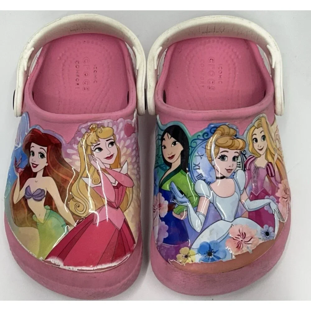 Disney princess Crocs Girls Size C10 Pink Classic Clogs Youth Ariel Rupunzel